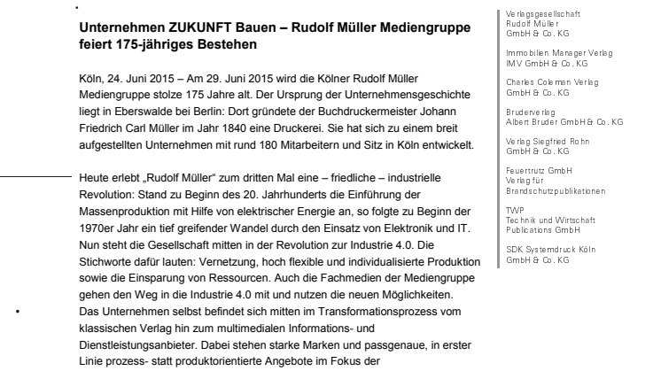 Unternehmen ZUKUNFT Bauen – Rudolf Müller Mediengruppe feiert 175-jähriges Bestehen