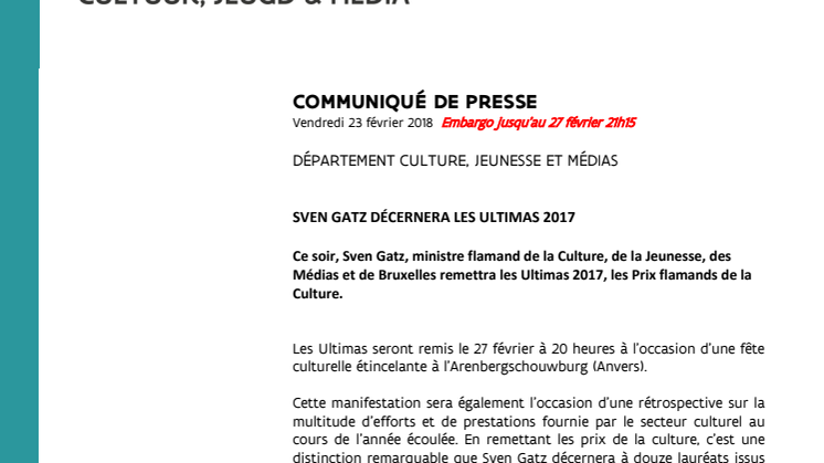 COMMUNIQUÉ DE PRESSE (embargo jusqu’au 27 février 21h15)