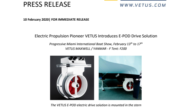 Miami International Boat Show: Electric Propulsion Pioneer VETUS Introduces E-POD Drive Solution