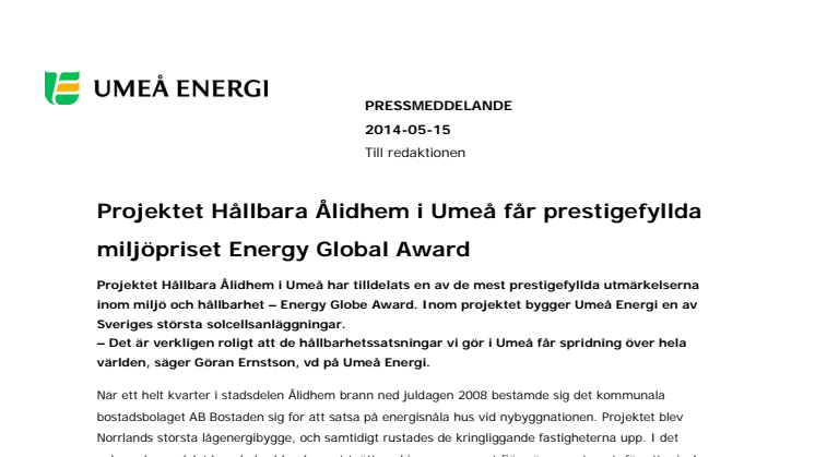 Projektet Hållbara Ålidhem i Umeå får prestigefyllda miljöpriset Energy Global Award