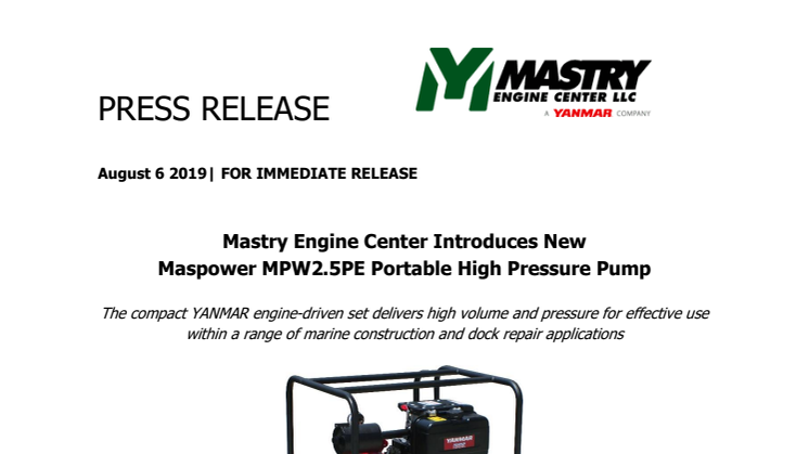 Mastry Engine Center Introduces New Maspower MPW2.5PE Portable High Pressure Pump
