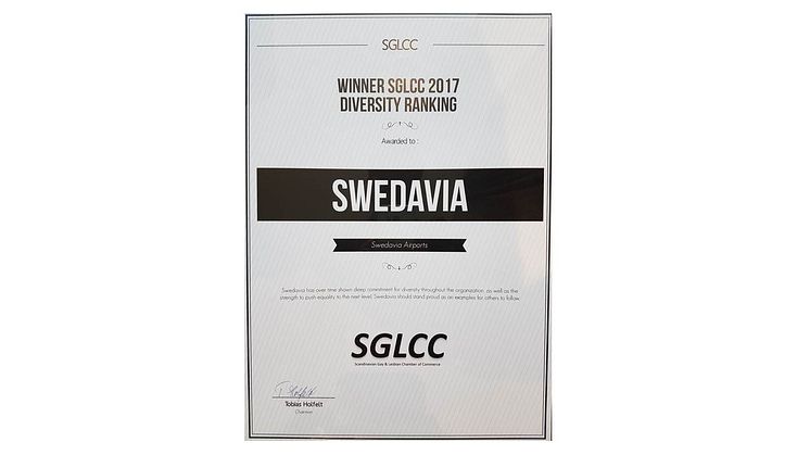 Swedavias diplom ”Winner of 2017 SGLCC Diversity Ranking”, Bild Swedavia.