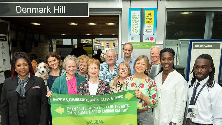 Jenny Agutter (holding banner on right) is calling on commuters to vote for Denmark Hill in the World Cup Of Stations (download below)
