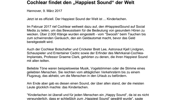 Cochlear findet den „Happiest Sound“ der Welt