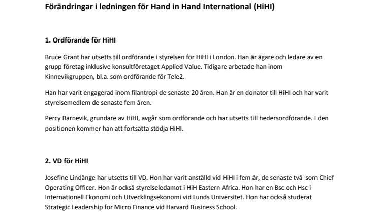 Förändringar i ledningen för Hand in Hand International (HiHI)