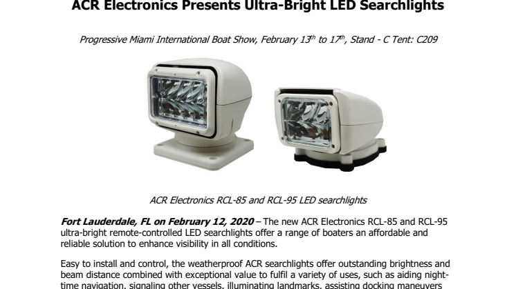 Miami International Boat Show: ACR Electronics Presents Ultra-Bright LED Searchlights