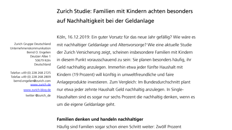 Zurich Studie: Familien mit Kindern achten besonders auf Nachhaltigkeit bei der Geldanlage 
