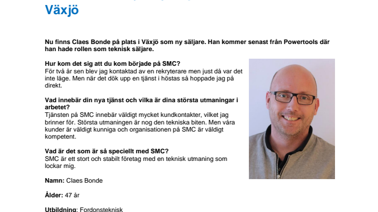 Claes Bonde ny säljare på SMC Automation i Växjö