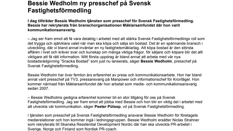 Bessie Wedholm ny presschef på Svensk Fastighetsförmedling