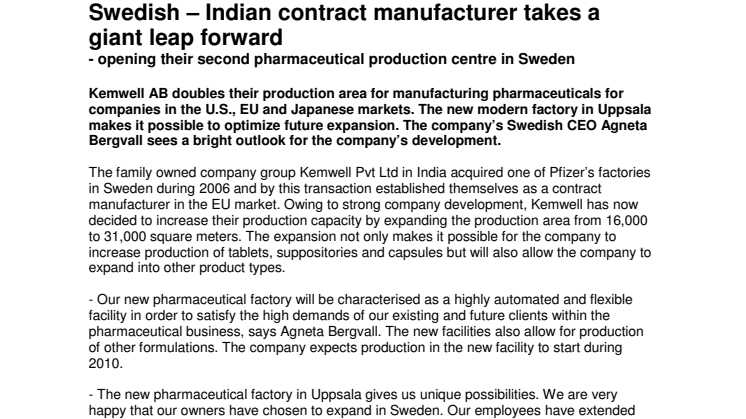 Swedish - Indian contract manufacturer takes a giant leap forward - opening their second pharmaceutical production centre in Sweden