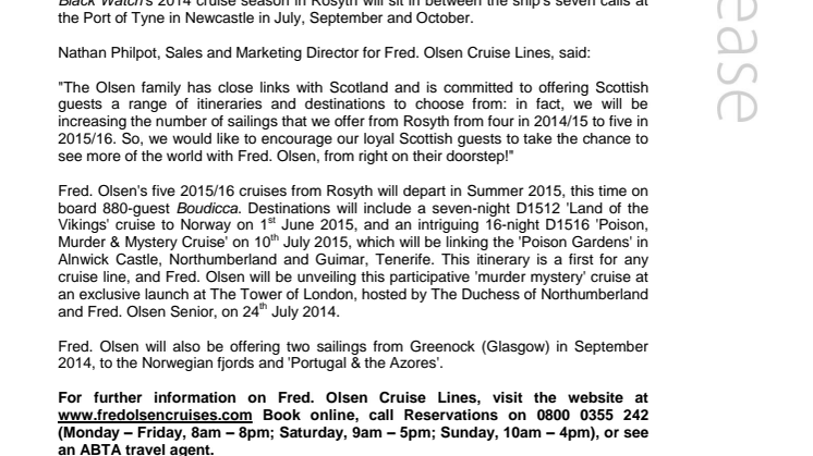 Fred. Olsen Cruise Lines’ Black Watch to start new cruise season from Rosyth in Summer 2014