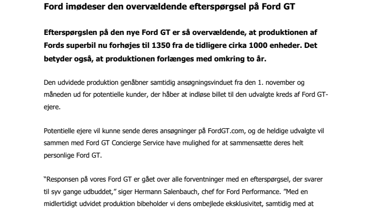 Ford imødeser den overvældende efterspørgsel på Ford GT