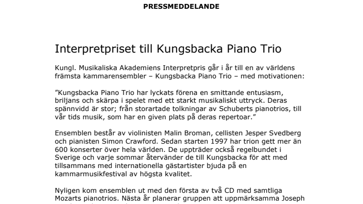 Interpretpriset till Kungsbacka Piano Trio