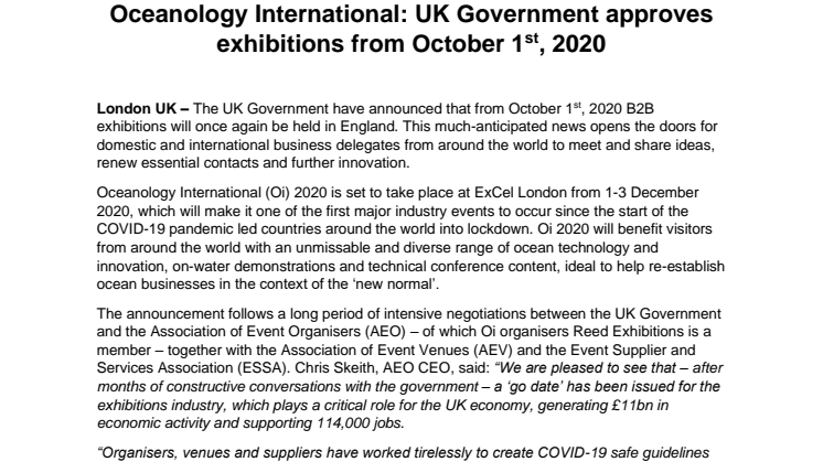 Oceanology International: UK Government approves exhibitions from October 1st, 2020