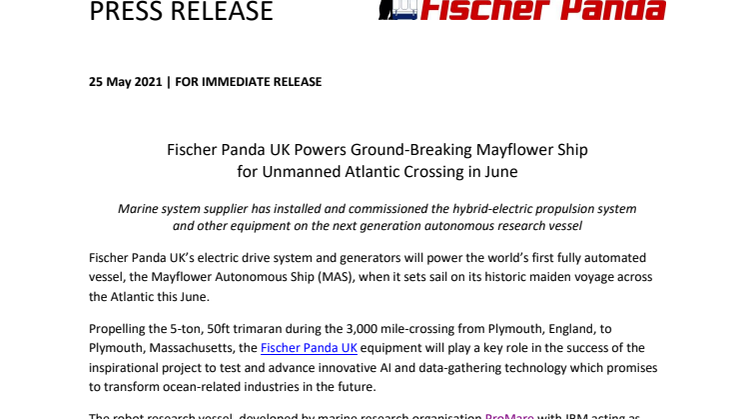 Fischer Panda UK Powers Ground-Breaking Mayflower Ship for Unmanned Atlantic Crossing in June