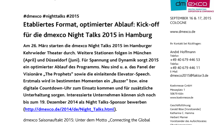 Etabliertes Format, optimierter Ablauf: Kick-off für die dmexco Night Talks 2015 in Hamburg