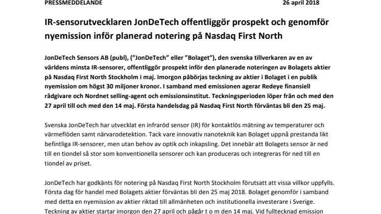 IR-sensorutvecklaren JonDeTech offentliggör prospekt och genomför nyemission inför planerad notering på Nasdaq First North