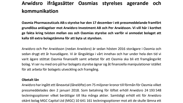 Arwidsro ifrågasätter Oasmias styrelses agerande och  kommunikation 