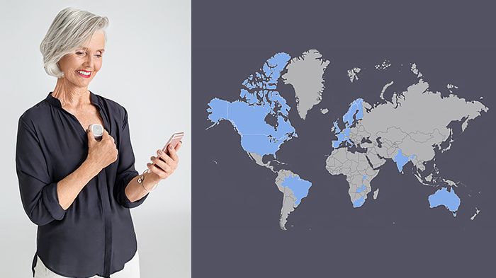 Till vänster, Coala Lifes hjärtmonitor. Till höger, karta över de länder (markerade med blått) där HealthTech Nordics medlemsföretag har internationell försäljning, kartan inkluderar inte respektive företags inhemska marknad.