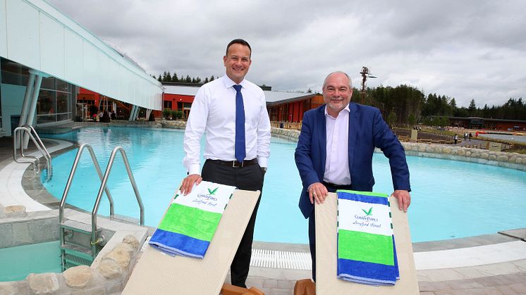 An Taoiseach, Mr. Leo Varadkar T.D and Center Parcs CEO Martin Dalby outside the Subtropical Swimming Paradise at Center Parcs Longford Forest