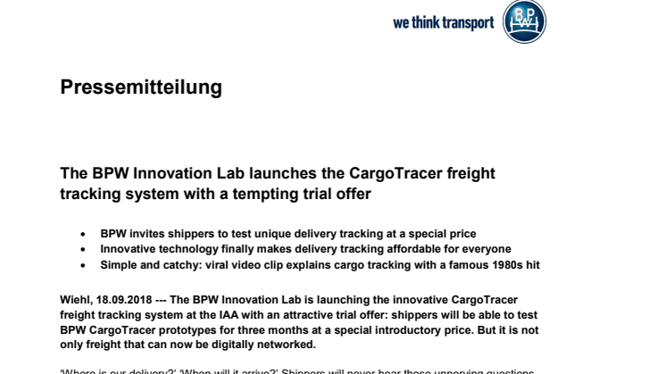 The BPW Innovation Lab launches the CargoTracer freight tracking system with a tempting trial offer