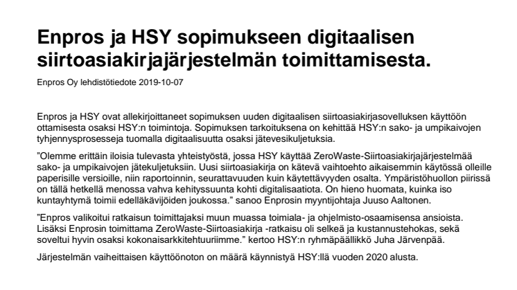 Enpros ja HSY sopimukseen digitaalisen siirtoasiakirjajärjestelmän toimittamisesta.