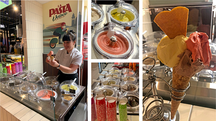 Här serveras färsk glass direkt ur glassmaskinen framför kunderna!  - Lyckad nyhet i La Pasta Veloces sortiment