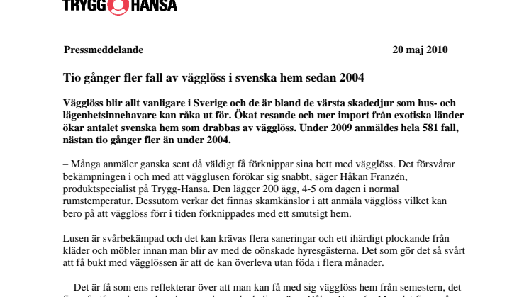 Tio gånger fler fall av vägglöss i svenska hem sedan 2004