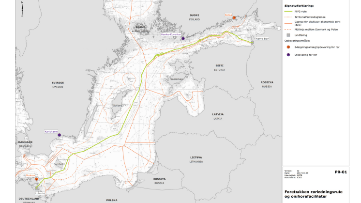 Kort over Nord Stream 2 linjeføring - hele ruten