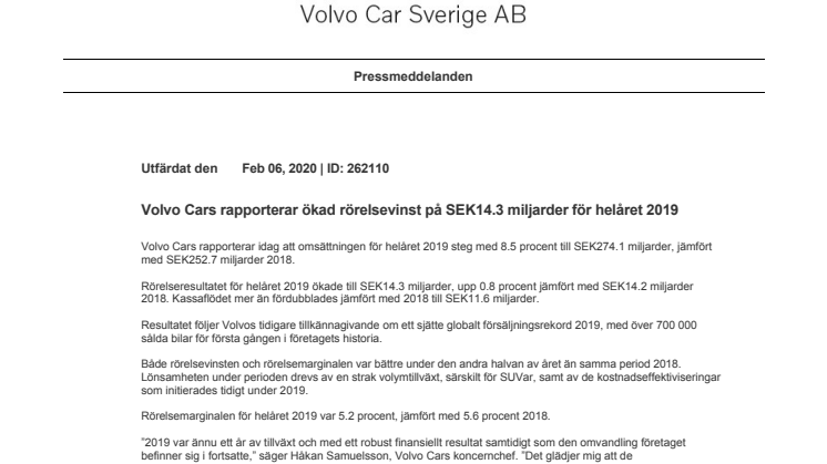 Volvo Cars rapporterar ökad rörelsevinst på SEK14.3 miljarder för helåret 2019