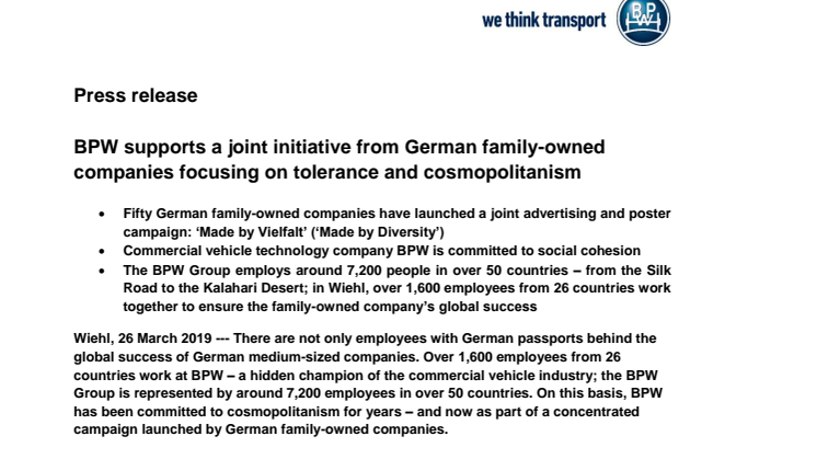BPW supports a joint initiative from German family-owned companies focusing on tolerance and cosmopolitanism
