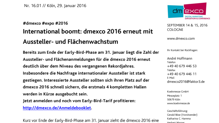 International boomt: dmexco 2016 erneut mit Aussteller- und Flächenwachstum