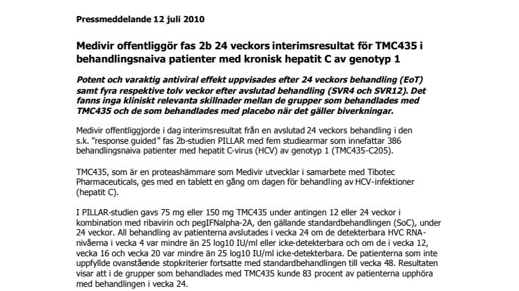 Medivir offentliggör fas 2b 24 veckors interimsresultat för TMC435 i behandlingsnaiva patienter med kronisk hepatit C av genotyp 1