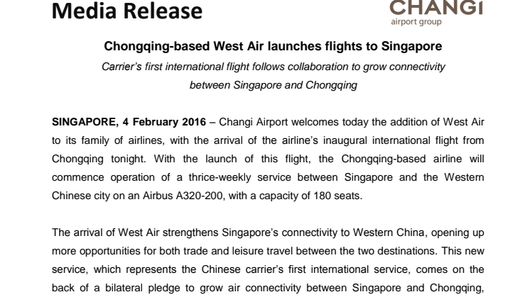 Chongqing-based West Air launches flights to Singapore