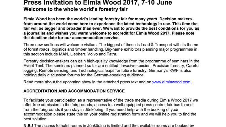 Press Invitation to Elmia Wood 7-10 June: Welcome to the whole world’s forestry fair!
