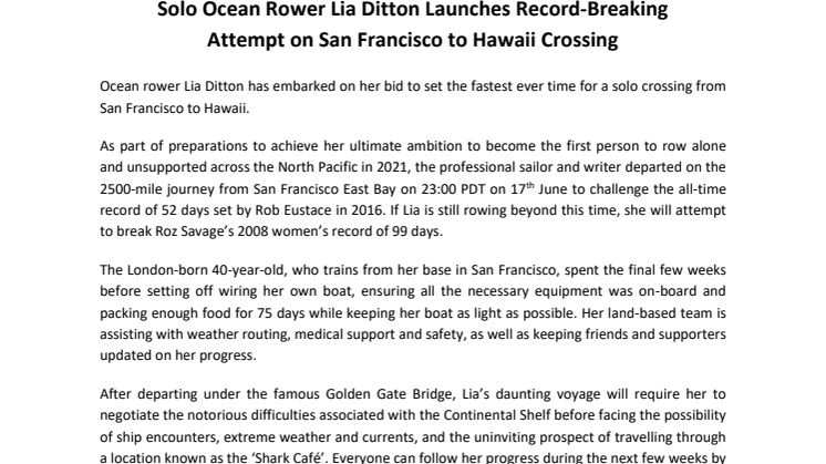 Solo Ocean Rower Lia Ditton Launches Record-Breaking Attempt on San Francisco to Hawaii Crossing