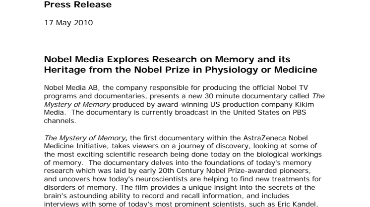 Nobel Media Explores Research on Memory and its Heritage from the Nobel Prize in Physiology or Medicine