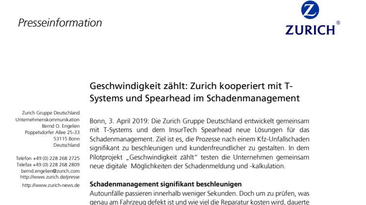 Geschwindigkeit zählt: Zurich kooperiert mit T-Systems und Spearhead im Schadenmanagement