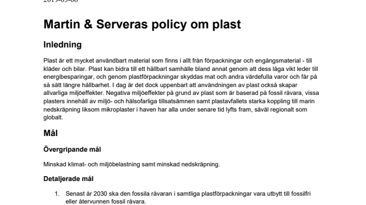 Martin & Serveras policy om plast