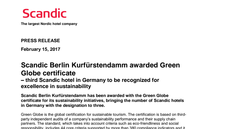Scandic Berlin Kurfürstendamm awarded Green Globe certificate – third Scandic hotel in Germany to be recognized for excellence in sustainability 