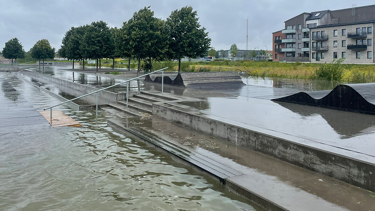 En bild på Råbysjön i Lund, en dagvattenlösning som gör sitt jobb, om än väldigt översvämmad.