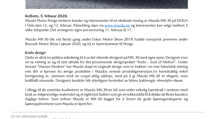 Elektriske Mazda MX-30 vises for kunder i Oslo