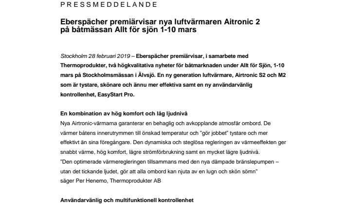 Eberspächer premiärvisar nya luftvärmaren Airtronic 2 på båtmässan Allt för sjön 1-10 mars