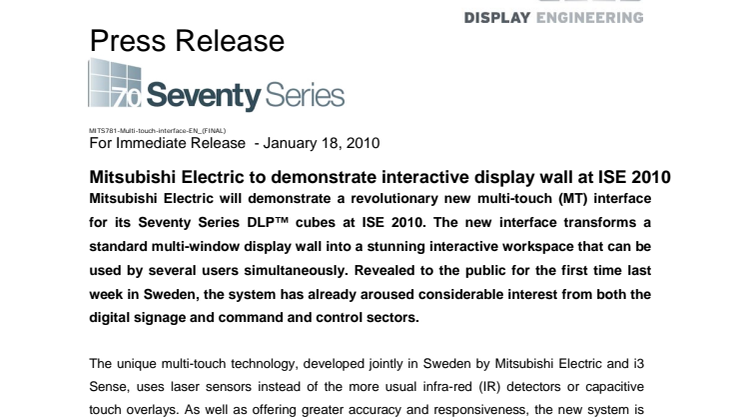 Mitsubishi Electric to demonstrate interactive display wall at ISE 2010 