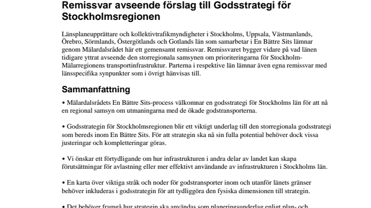 Remissvar avseende förslag till Godsstrategi för Stockholmsregionen