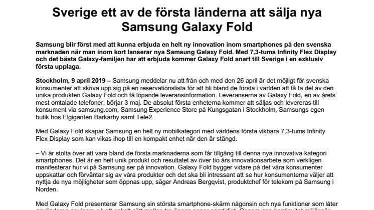 Sverige ett av de första länderna att sälja nya Samsung Galaxy Fold 