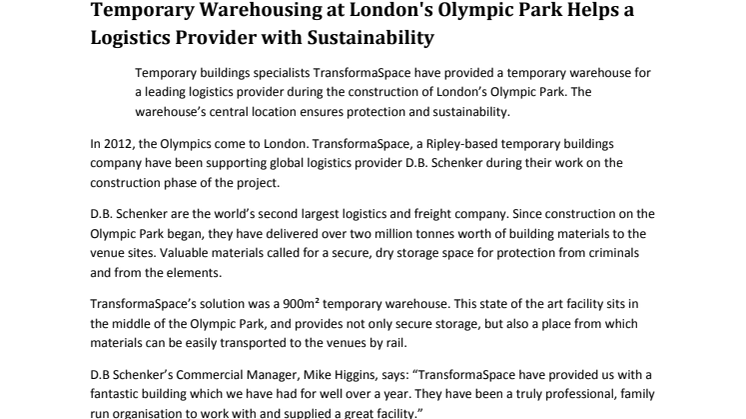 Temporary Warehousing at London's Olympic Park Helps a Logistics Provider with Sustainability