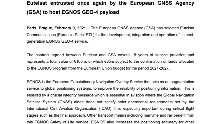 Eutelsat entrusted once again by the European GNSS Agency (GSA) to host EGNOS GEO-4 payload