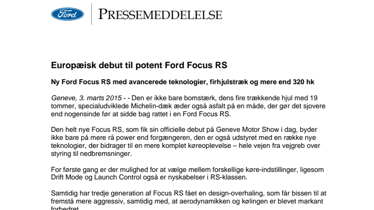 Europæisk debut til potent Ford Focus RS