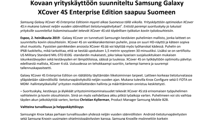 Kovaan yrityskäyttöön suunniteltu Samsung Galaxy XCover 4S Enterprise Edition saapuu Suomeen
